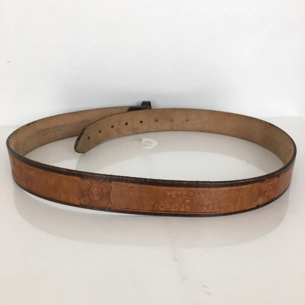 Vintage Mens Veterans of Foreign Wars Brown Leather Belt Military Service USA